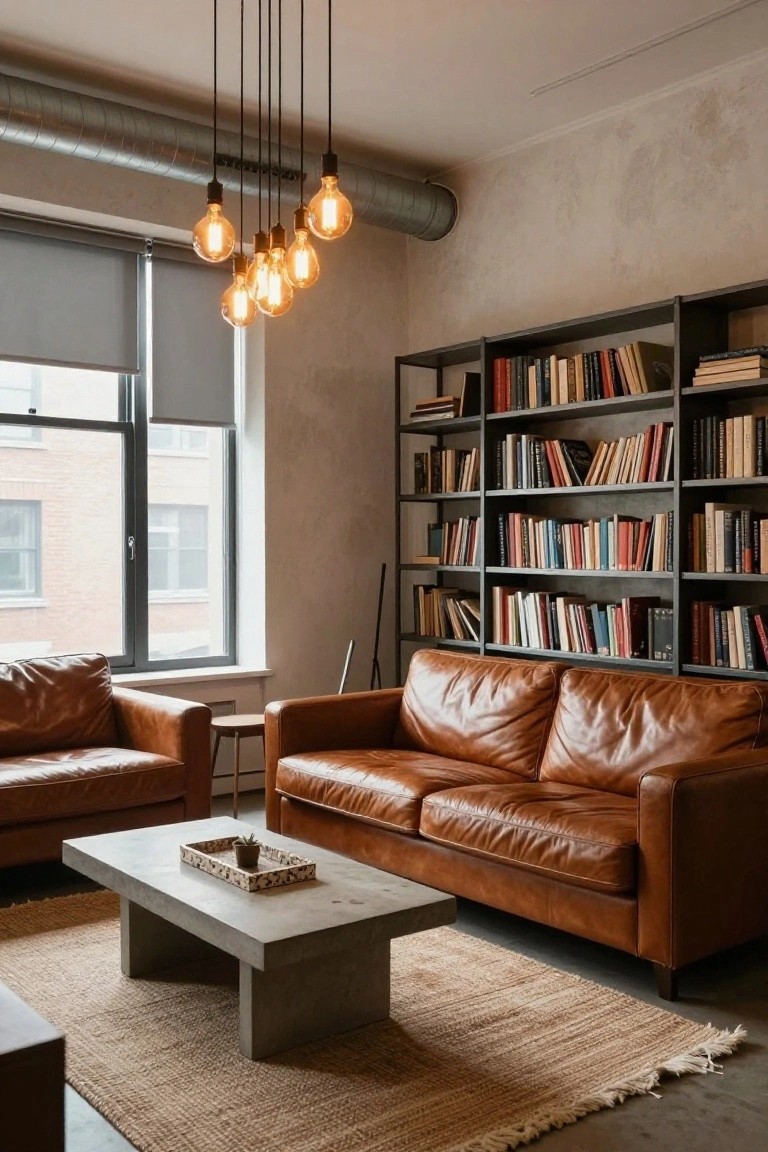 Modern living room with two tan leather sofas and an armchair arranged around a low rectangular concrete coffee table on a seagrass rug, tall black metal bookshelves filled with books on one wall, exposed silver HVAC ducts on the ceiling, and a cluster of seven hanging exposed-bulb pendant lights near a large window with gray roller shade.