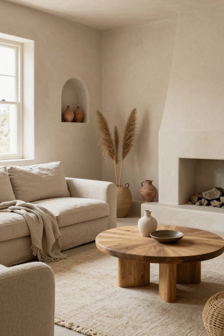Beige living room with round wooden coffee table on thick legs, linen sofa with beige throw, plaster fireplace with logs, arched niche holding terracotta pots, pampas grass stalks, and woven basket.
