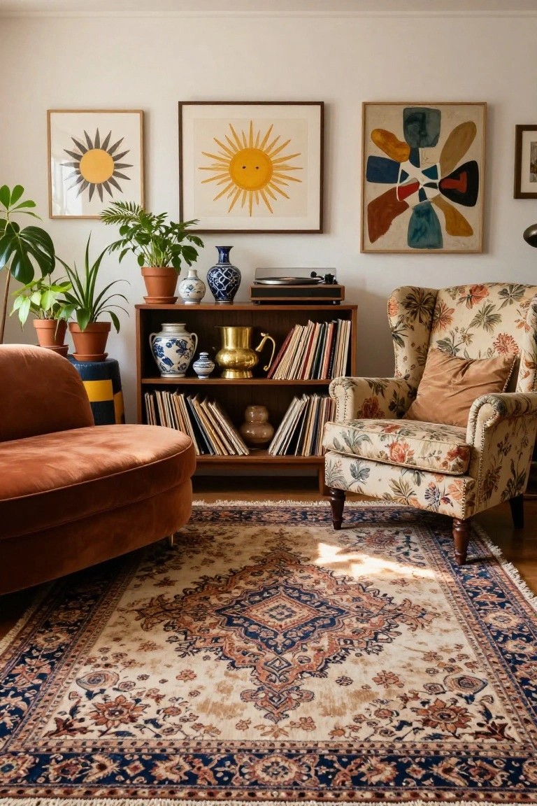 Cozy living room with rust velvet curved sofa, floral wingback armchair, oriental rug on wood floor, wooden bookshelf filled with books and blue-and-white ceramics, potted plants, and abstract sun and geometric artworks on white walls.