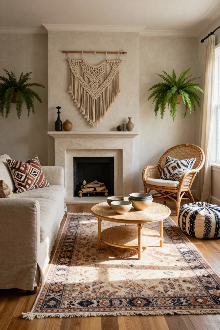 Living room featuring a beige linen sofa, rattan armchair with patterned cushion, rattan coffee table with nested baskets and ceramic bowls, macrame wall hanging above a stone fireplace flanked by plants, striped pouf, and patterned rug on hardwood floor.