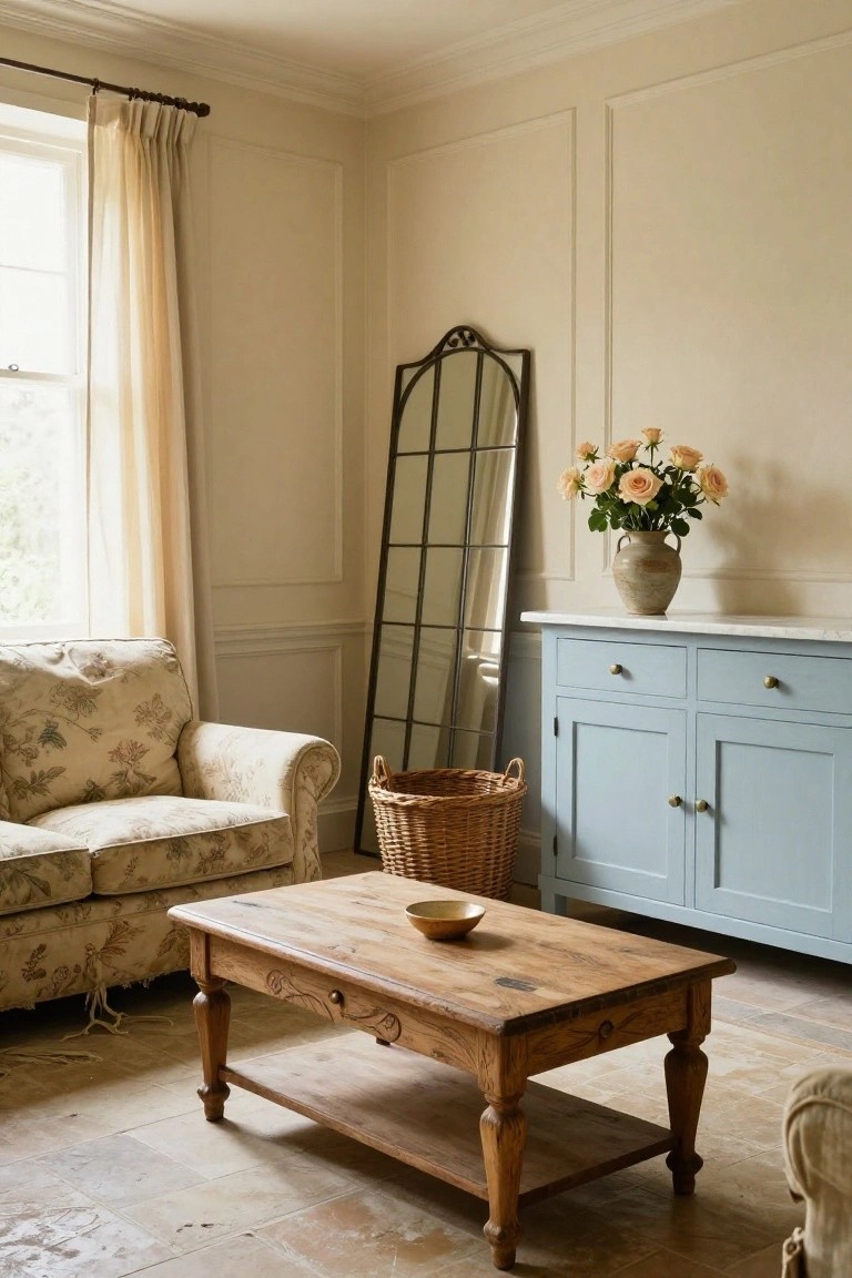 Cozy living room corner with cream floral-upholstered sofa, rustic wooden coffee table on terracotta tile floor, pale blue sideboard topped with marble and vase of peach roses, tall arched black mirror, and wicker basket beside sofa.