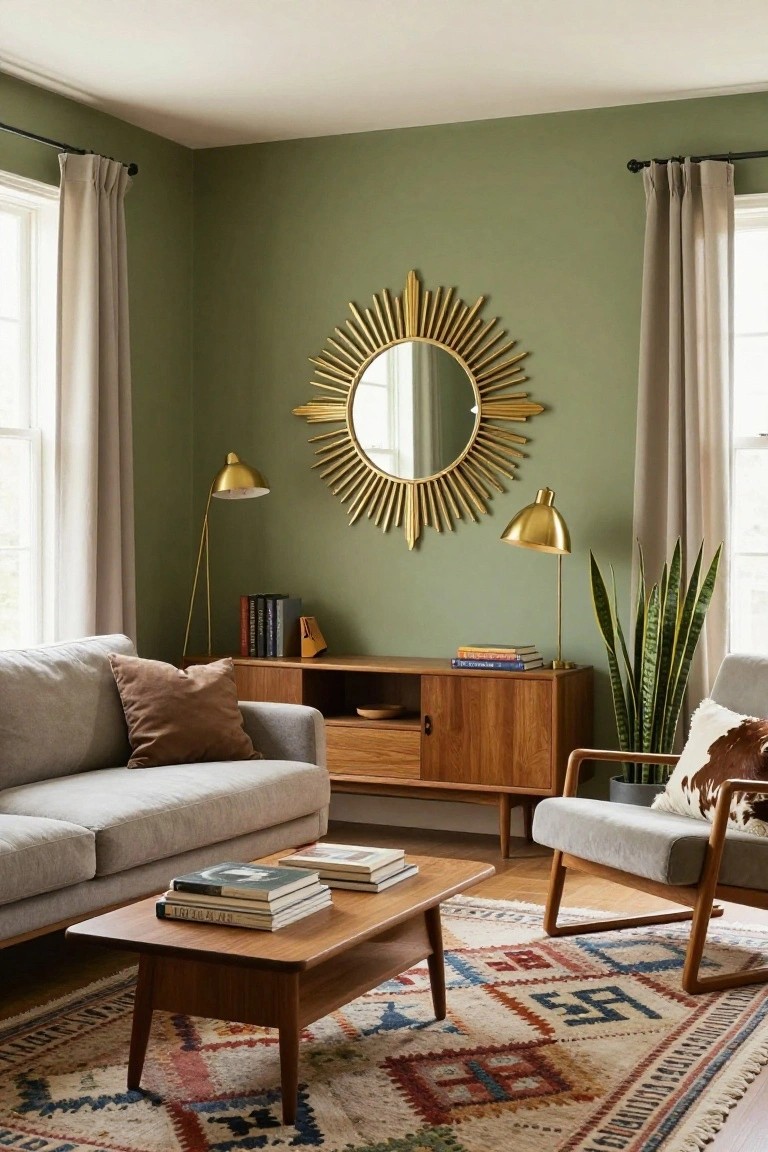 A corner of a living room with sage green walls, gold sunburst mirror above a wooden credenza, gray sofa and armchair, wooden coffee table, potted snake plant, and colorful patterned rug on hardwood floor.