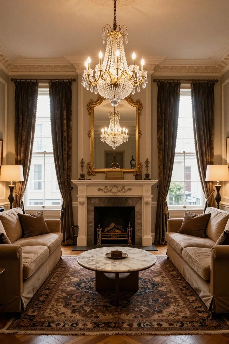 A formal living room featuring two beige upholstered sofas facing each other across a round white marble coffee table on a patterned rug, centered before a marble fireplace under a sparkling crystal chandelier, flanked by tall curtained windows and gilded mirrors.