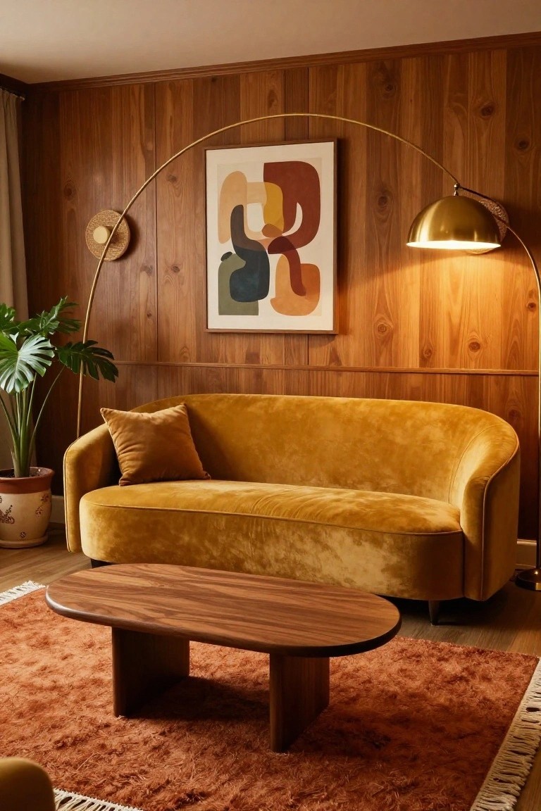 Living room with light wood-paneled walls, curved mustard-yellow velvet sofa with pillows, oval wooden coffee table on orange shag rug, potted monstera plant, arched gold floor lamp, woven wall sconce, and large abstract print on the wall.