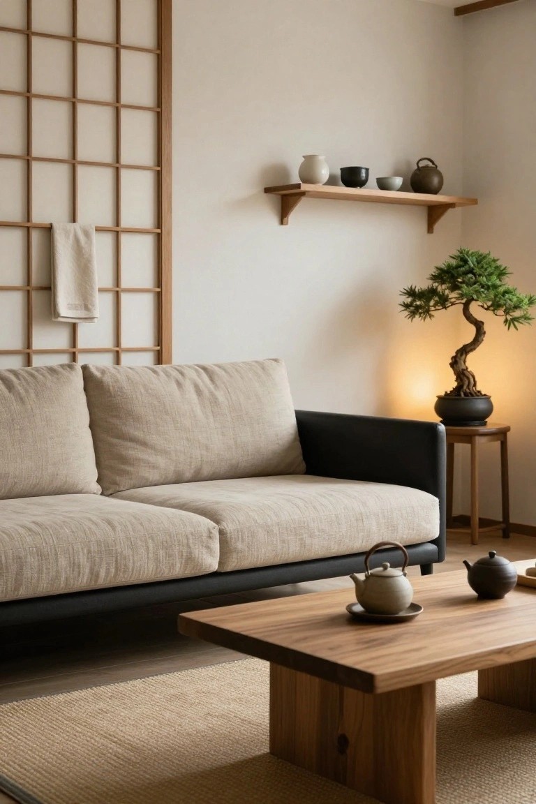 A minimalist living room with beige fabric sofa, low wooden coffee table holding teapots and saucers, bonsai tree on side table next to lamp, shoji lattice screen wall, hanging towel, shelf of ceramics, and light wood floor with rug.
