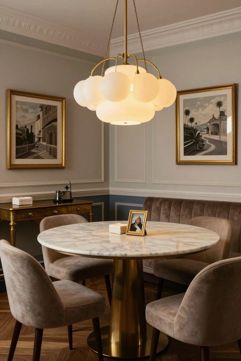 Cozy indoor dining nook with brass chandelier of clustered white glass orbs above round marble table and brown velvet chairs, gold-framed artwork on light gray walls, and wooden parquet floor.