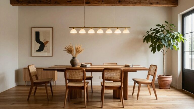 23 Gorgeous Pendant Lighting Ideas For Dining Tables That Feel Balanced Dining room with rectangular wooden table and four rattan chairs under a linear brass pendant light featuring two opal glass shades, beside wooden credenza, potted plant, and abstract wall art near window.