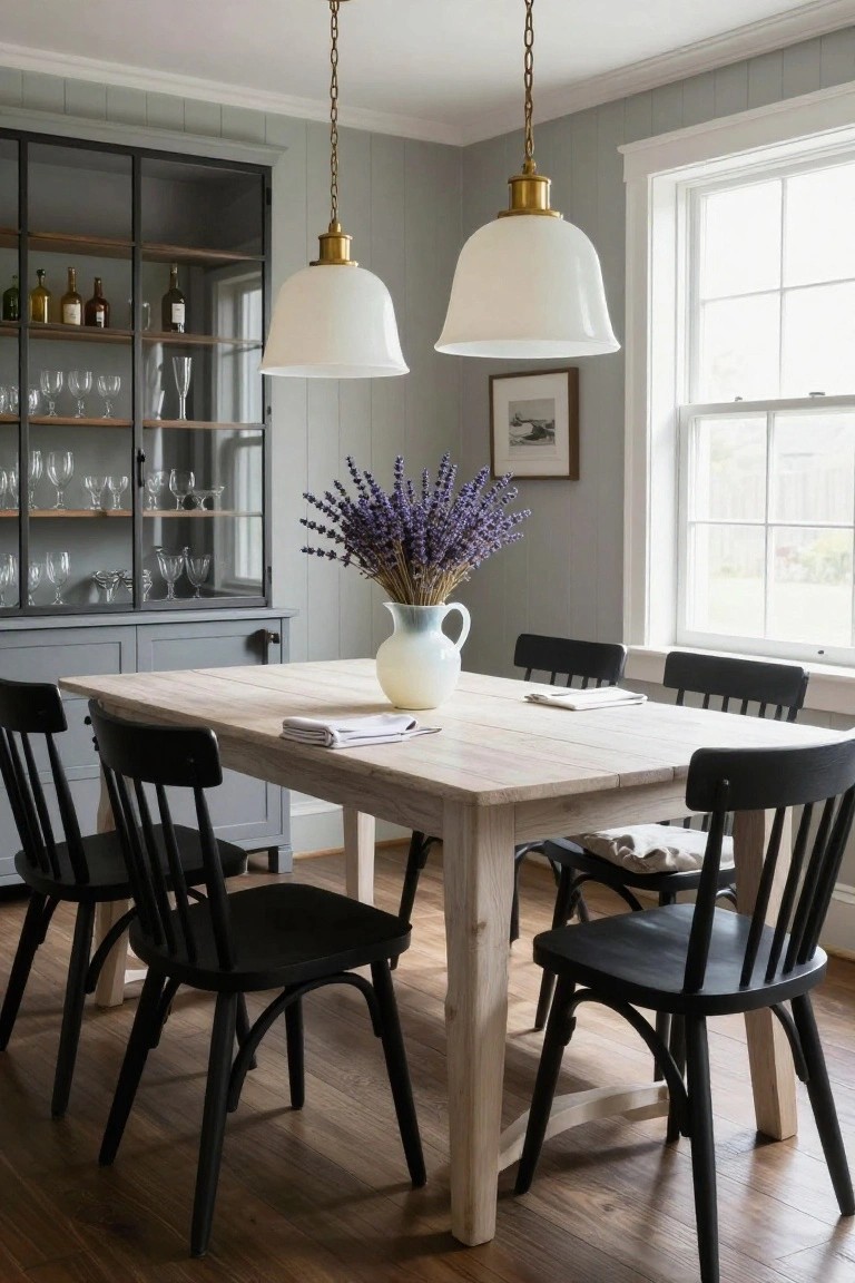 Light wood dining table with six black chairs centered under two white glass globe pendant lights with brass accents, next to a gray glass-front cabinet holding dishes and bottles, lavender bouquet on table, gray walls and window.