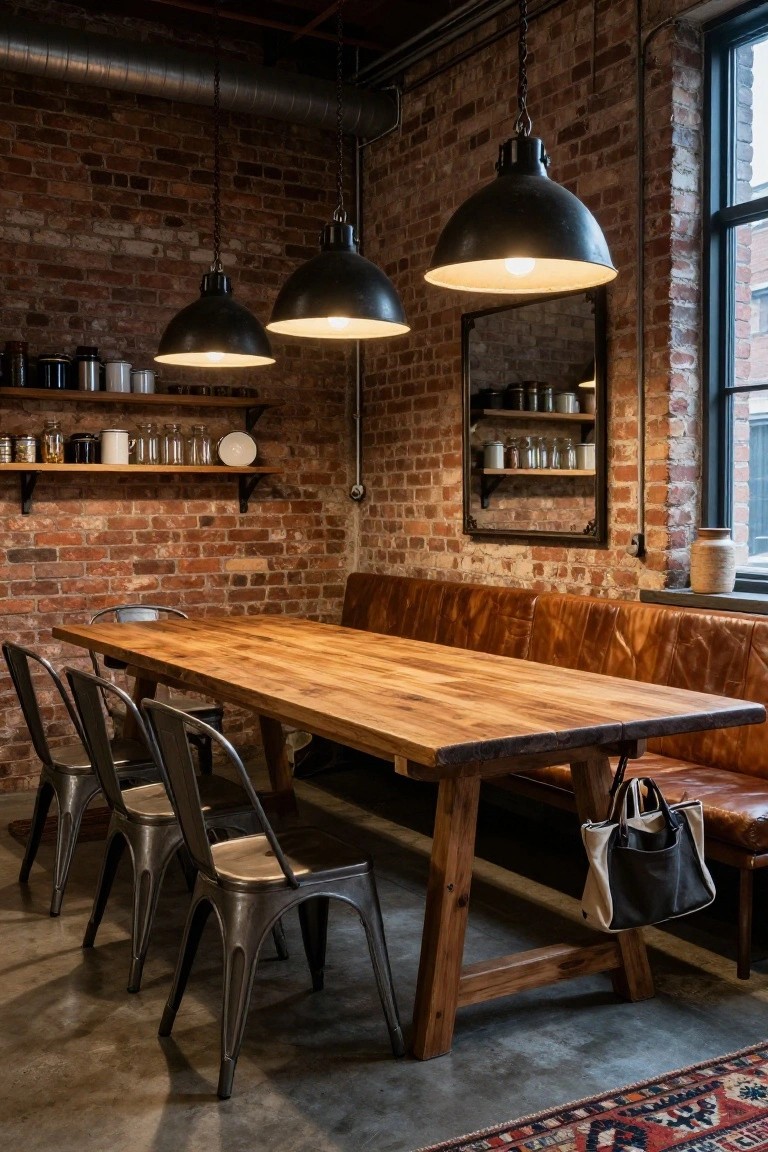 Dining area in a brick-walled room with a long wooden table, metal chairs, leather bench seating, wall shelves holding jars and dishes, and three large black industrial pendant lights hanging above the table.