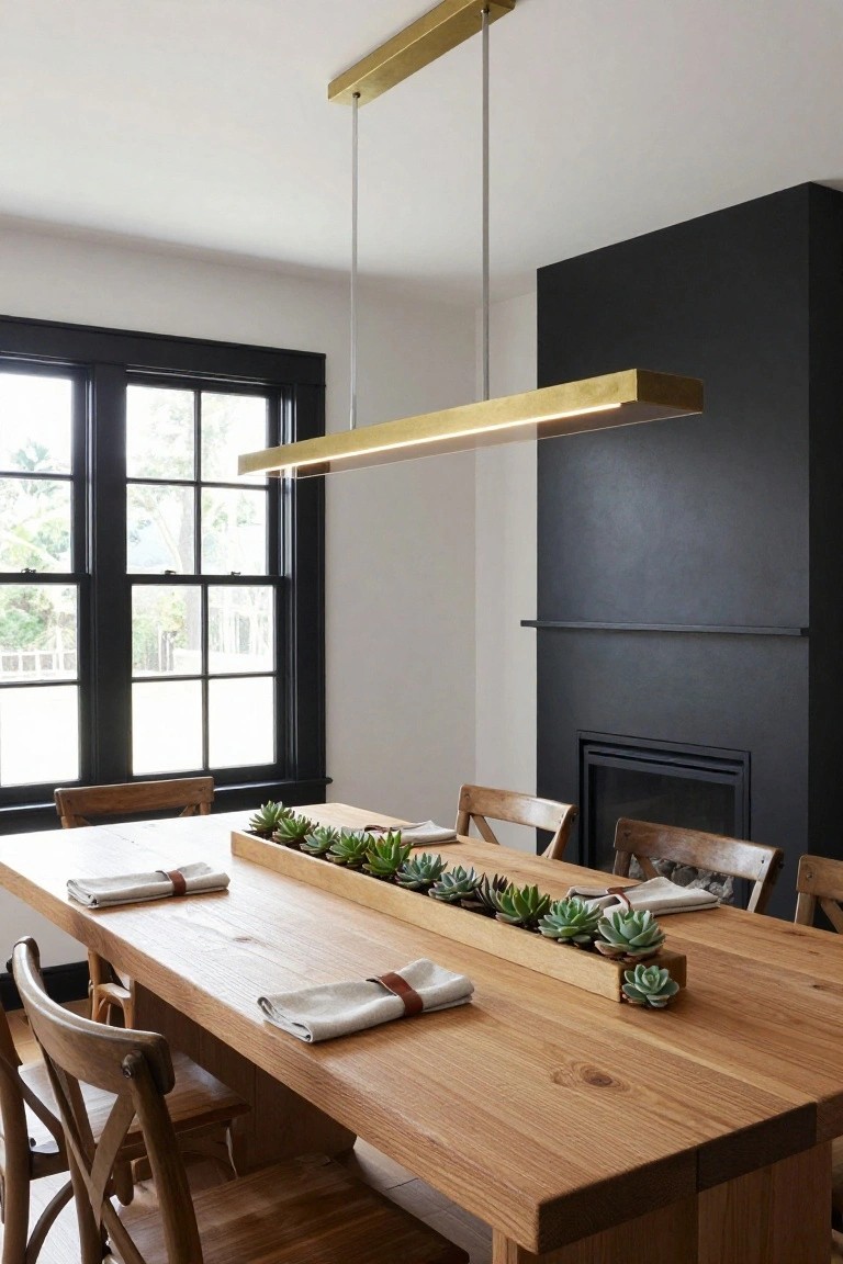 Dining room featuring a long rectangular brass pendant light suspended over a wooden table with succulent planters and linen napkins, flanked by wooden chairs, black-framed windows, and a black fireplace wall.