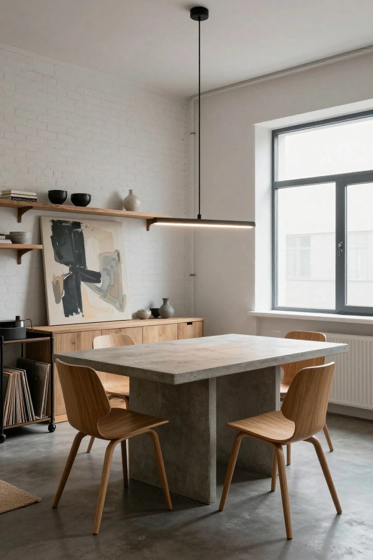 Modern dining room with rectangular concrete table and four curved wooden chairs, lit by slim horizontal LED pendant overhead, wooden shelves with pottery and books, large abstract painting on white brick wall, large window, and radiator.