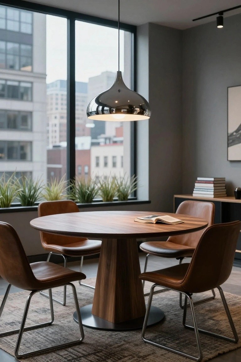 Modern interior room with round wooden table, open book on top, four tan leather chairs, large polished silver pendant light hanging centered above table, large windows showing city view, potted grasses on windowsill, bookshelf with stacked white books.