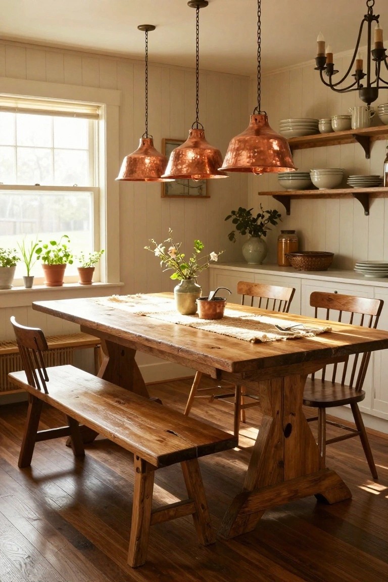 Dining room with long wooden trestle table, benches, and chairs under three hammered copper pendant lights, white shiplap walls, potted herbs on windowsill, open shelves with dishes, and soft natural light from window.