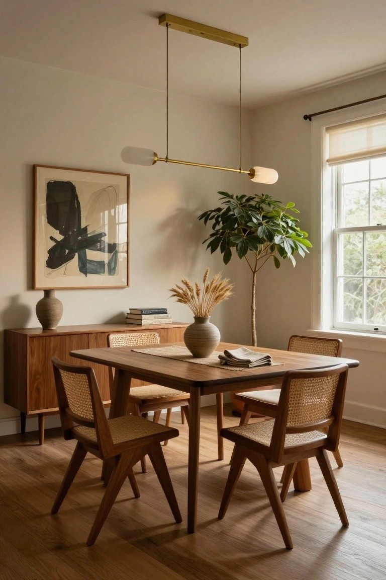 Dining room with rectangular wooden table and four rattan chairs under a linear brass pendant light featuring two opal glass shades, beside wooden credenza, potted plant, and abstract wall art near window.