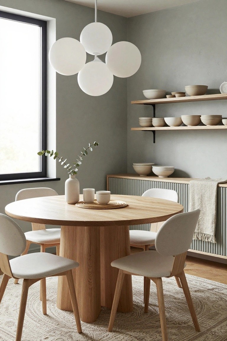 Round wooden dining table with four white chairs in a grey-walled room under a cluster of four white spherical pendant lights, with open shelves holding white ceramic bowls and a vase of eucalyptus on the table.