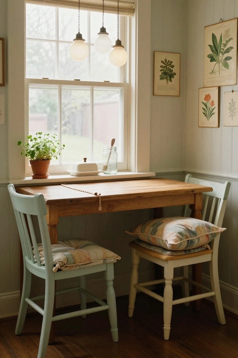 A corner breakfast nook with a small wooden table and two mint-green chairs by a large multi-pane window, illuminated by three white globe pendant lights hanging from the ceiling, surrounded by botanical prints and potted plants on the sill.