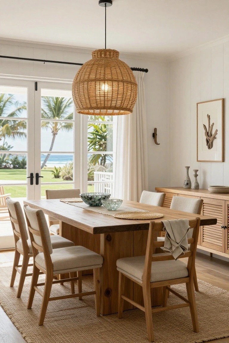 Dining room with rectangular wooden table, six beige upholstered chairs, large round woven rattan pendant light overhead, white shiplap walls, sideboard, and French doors opening to ocean view with palm trees.