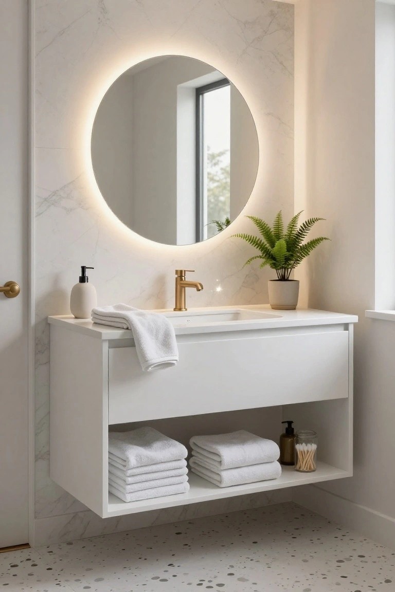 Modern bathroom featuring a floating white vanity with gold faucet, round mirror with LED edge lighting, marble walls, potted fern plant, towels, and open storage underneath.