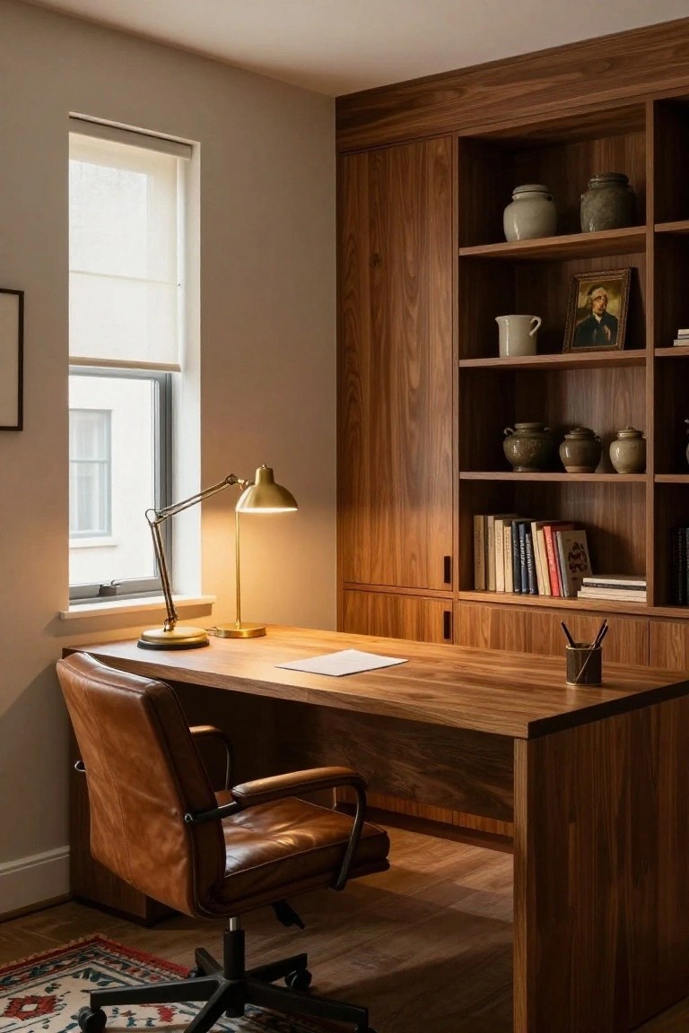 A home study features walnut built-in bookshelves filled with ceramics and books, a wooden desk with a white paper and brass adjustable lamp, tan leather desk chair, and a window with sheer blind.