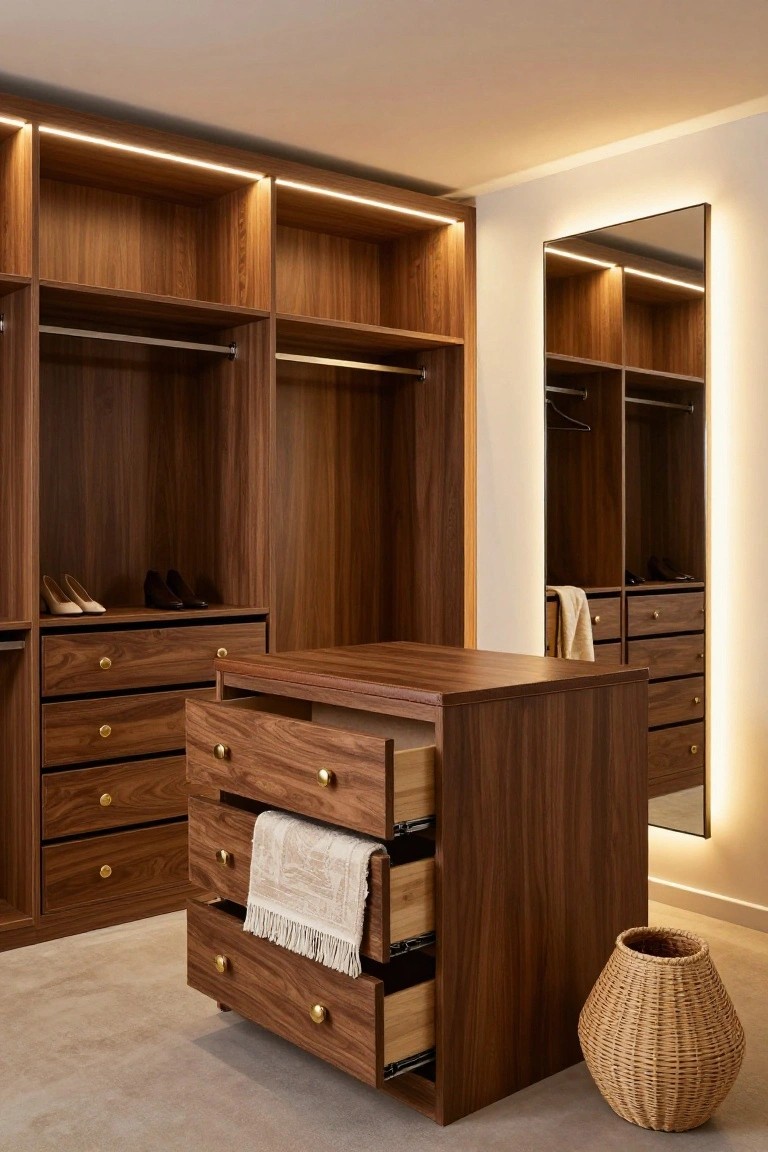 Walk-in closet with walnut wood cabinets, integrated LED strip lighting along shelves and around a full-length mirror, central wooden island with open drawers, shoes on shelves, and a woven basket on the floor.