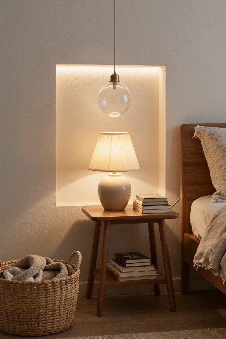 Bedroom corner with a wooden nightstand holding a ceramic table lamp, stacked books, and a woven basket with towels, beside a bed with beige linens, lit by a wall niche containing LED strip lights and a glass pendant light.