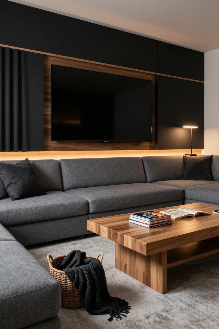 Modern living room featuring a large TV mounted on a black paneled wall with wood accents and LED strip lighting, gray L-shaped sofa, wooden coffee table with books, task lamp, and woven basket on light gray carpet.