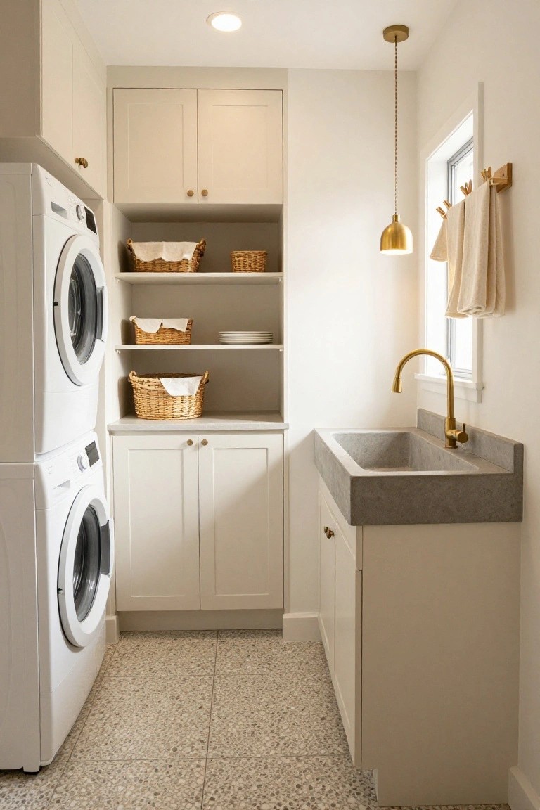 White stacked washer and dryer next to beige cabinets and open shelves with wicker baskets in a laundry room, featuring a gray utility sink with gold faucet and pendant light above, pebble terrazzo flooring, and a window with drying rack.