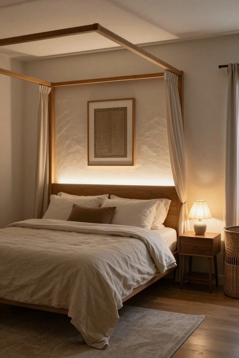 A bedroom with wooden canopy bed frame, beige linen bedding, backlit headboard and framed artwork on textured wall, bedside table with lamp and woven basket, light wood floor, and sheer curtains.