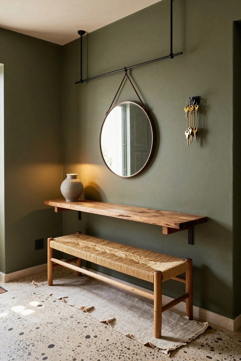 Green entryway corner with wooden floating shelf holding lit ceramic vase and round mirror on leather strap, rattan bench below, hanging keys, black pipe ceiling fixture, and terrazzo floor.
