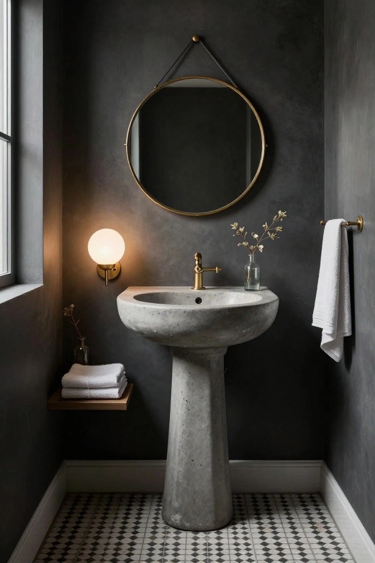 A compact dark gray bathroom with concrete pedestal sink, round brass mirror hung by leather strap, white globe wall sconce, gold faucet and towel bar, folded towels on wood shelf, small vases of dried flowers, and black-and-white checkered floor tiles.