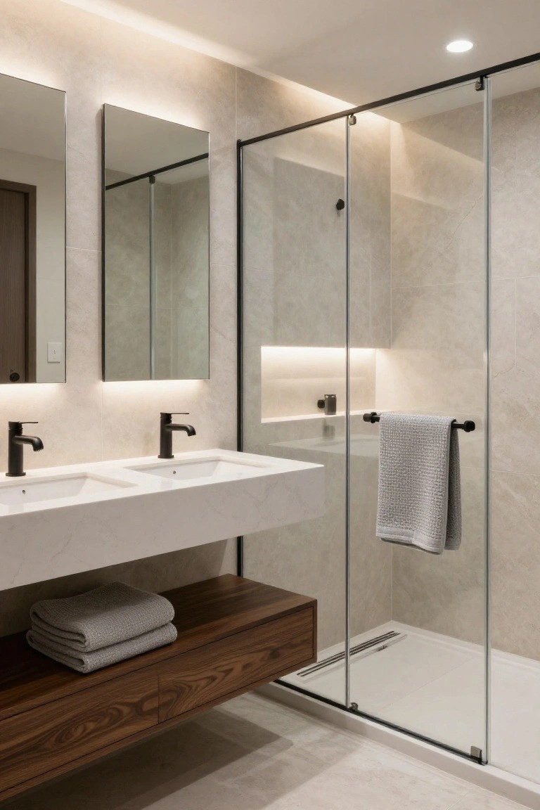 Modern bathroom with double white sinks on floating quartz vanity, backlit rectangular mirrors, wooden shelf holding folded towels, and clear glass shower enclosure with linear drain.