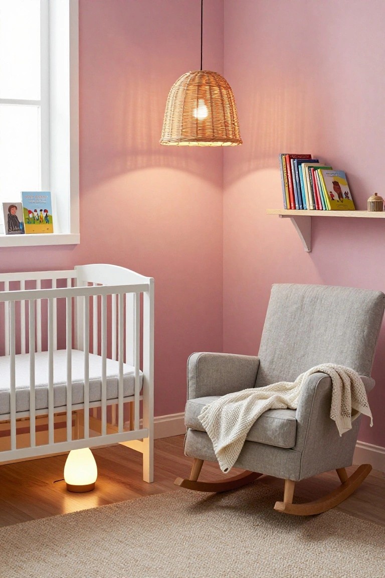 Pink-walled nursery corner with white crib, gray fabric rocking chair holding a white knit blanket, lit woven pendant lamp overhead, bookshelf of kids' books, and white egg-shaped nightlight next to crib.