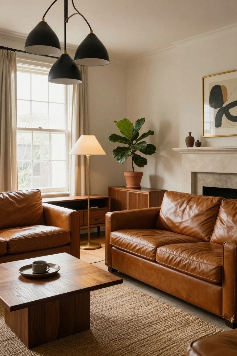 Living room with two tan leather sofas around a wooden coffee table, wooden credenza, potted fiddle leaf fig plant, beige seagrass rug, stone fireplace, floor lamp, large curtained windows, abstract wall art, and black triple pendant light fixture overhead.