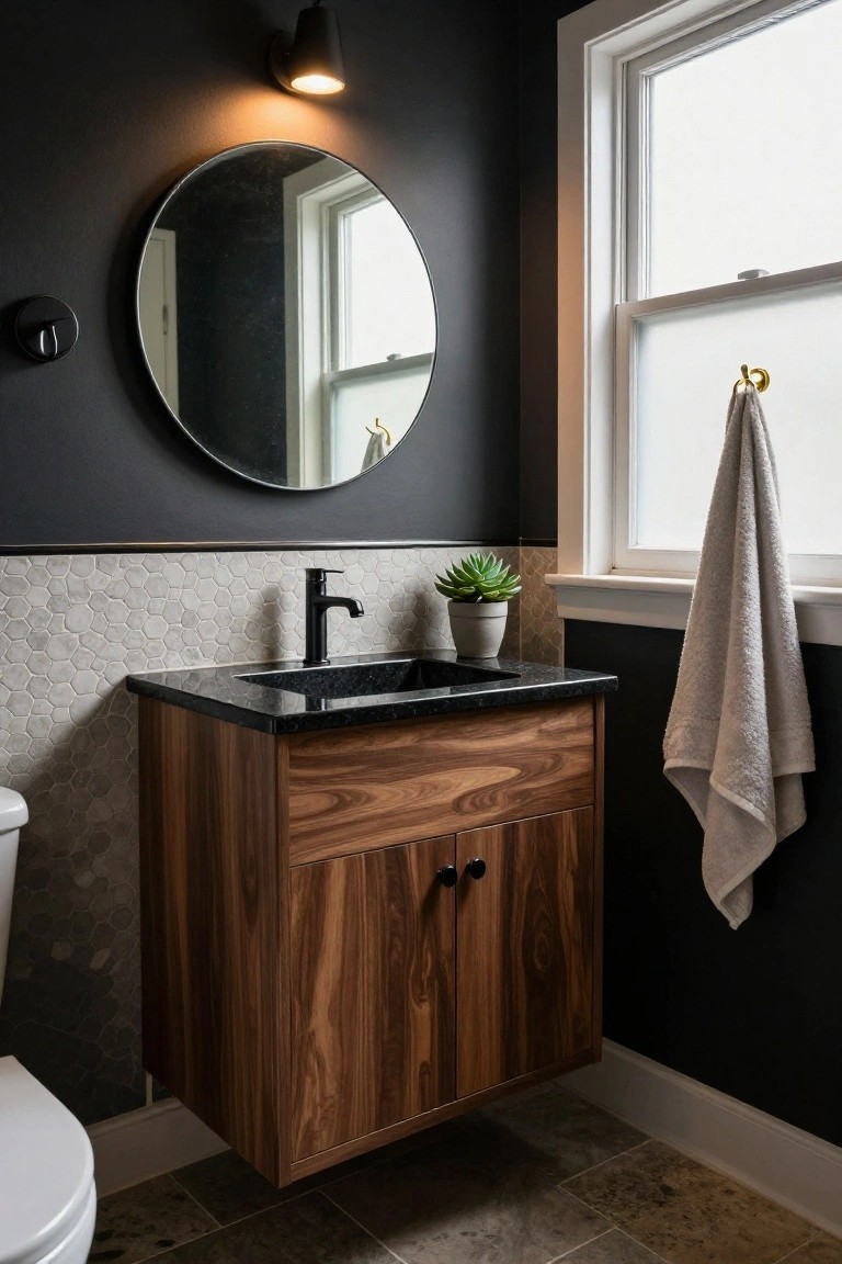 Modern powder room featuring dark walls, hexagonal tile backsplash, floating walnut vanity with black sink, round mirror, wall-mounted black sconce light, potted plant, towel hook by window, and toilet.
