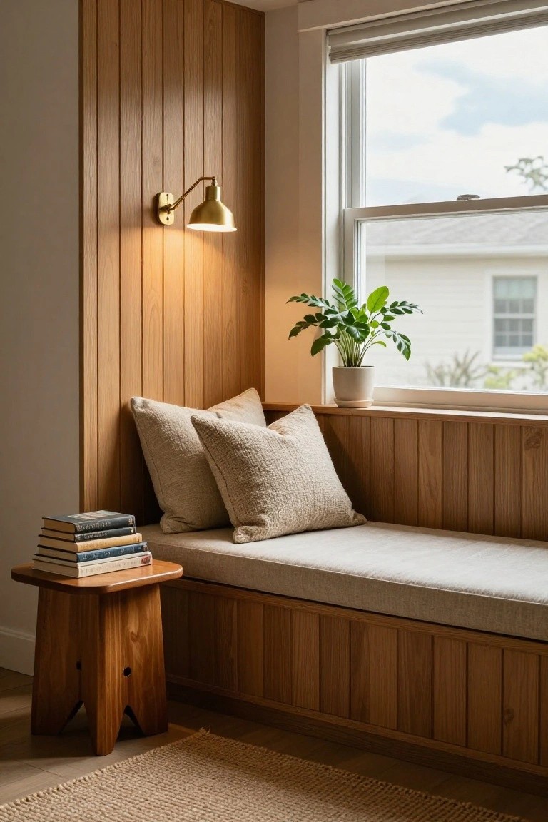 Wooden paneled interior with a built-in window seat topped by beige cushions, stack of books on a small wooden stool, potted plant on windowsill, and brass swing-arm wall lamp lit beside the window.