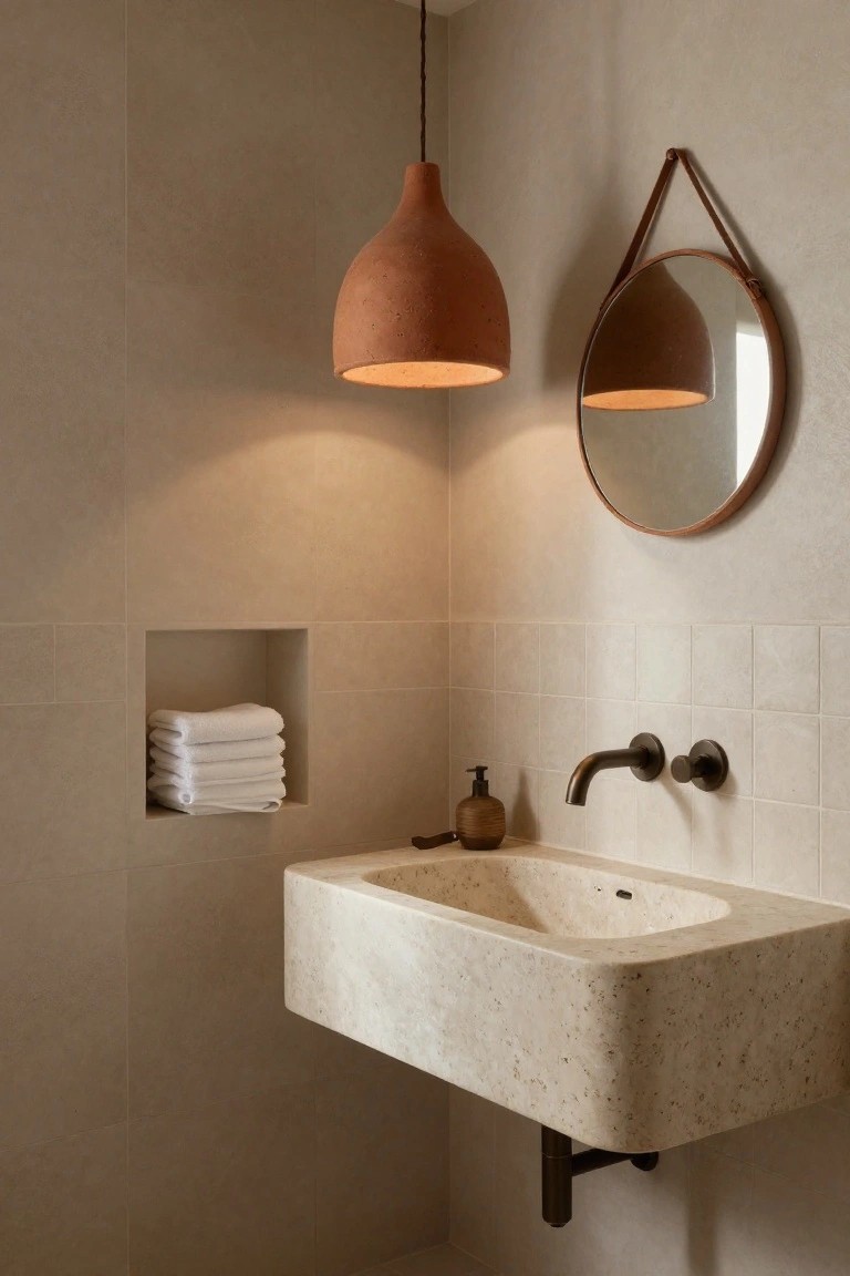 Beige tiled bathroom interior with floating stone sink, bronze wall faucet, stacked white towels in wall niche, round mirror with leather strap, and orange terracotta pendant light hanging from ceiling.