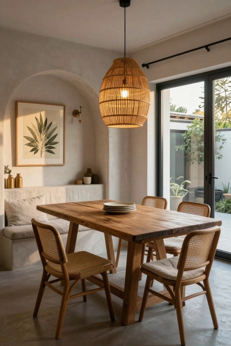 Dining area with light beige curved walls, large woven rattan pendant light over rectangular wooden table, rattan chairs with cushions, built-in bench, potted plants, and sliding glass doors to garden.