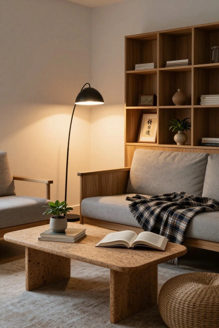 Japandi living room with wooden bookshelves filled with books and decor, gray sofa with plaid blanket, cork coffee table holding open books, potted plants, and black arched floor lamp switched on.