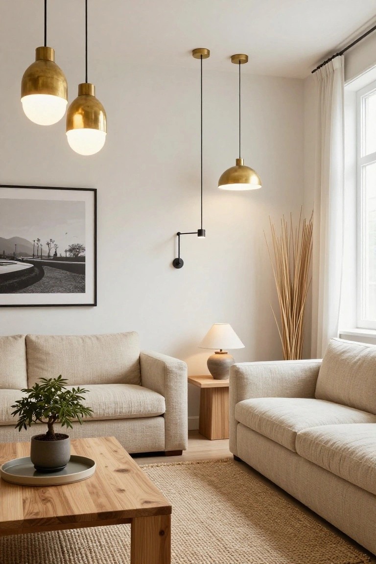 Living room with two beige L-shaped sofas facing a wooden coffee table, three brass globe pendant lights hanging from the ceiling above, a wall sconce, table lamp on side table, black-and-white framed photo, potted plant, bamboo stalks, and window with curtains.