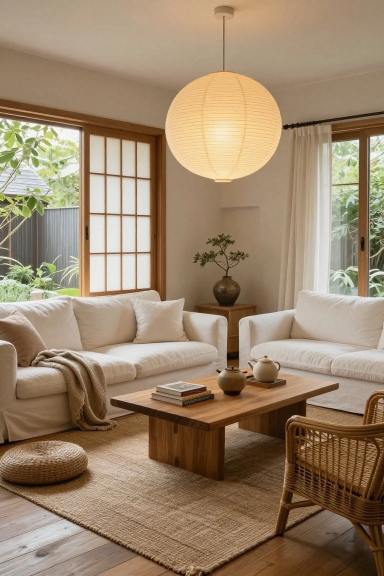 Serene living room with white sofas, wooden coffee table, and round paper lantern.