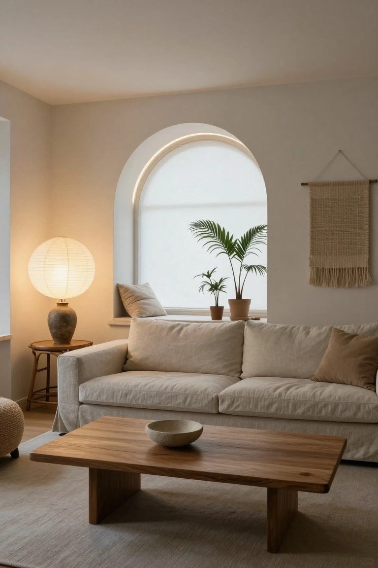 A beige linen sofa in a light neutral living room with an arched window, potted palms, woven wall hanging, wooden coffee table, rattan pouf, and a large white paper lantern floor lamp on a round wooden side table.