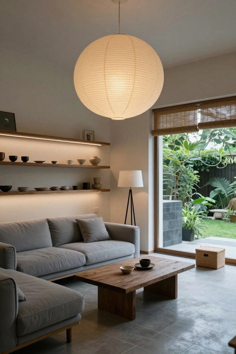 A Japandi-style living room featuring a large white paper lantern pendant light over a wooden coffee table, gray L-shaped sofa, wooden shelves with ceramics and LED lighting, a tripod floor lamp, and glass doors opening to a lush garden.