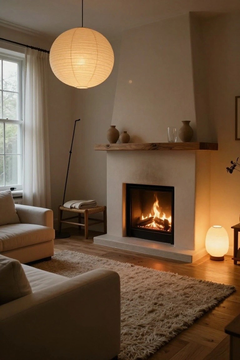 Cozy living room with burning fireplace, cream sofa on shag rug, wooden stool with folded blanket, tall black floor lamp, large hanging paper lantern, smaller table lamp, ceramic vases on wooden mantel, and window with sheer curtains.