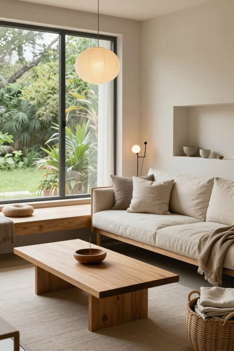 A Japandi living room with beige linen sofa, wooden low table holding a wooden bowl with incense stick, white paper lantern pendant light overhead, black floor lamp with white globe shade, niche shelves with ceramics, and large windows to tropical garden.
