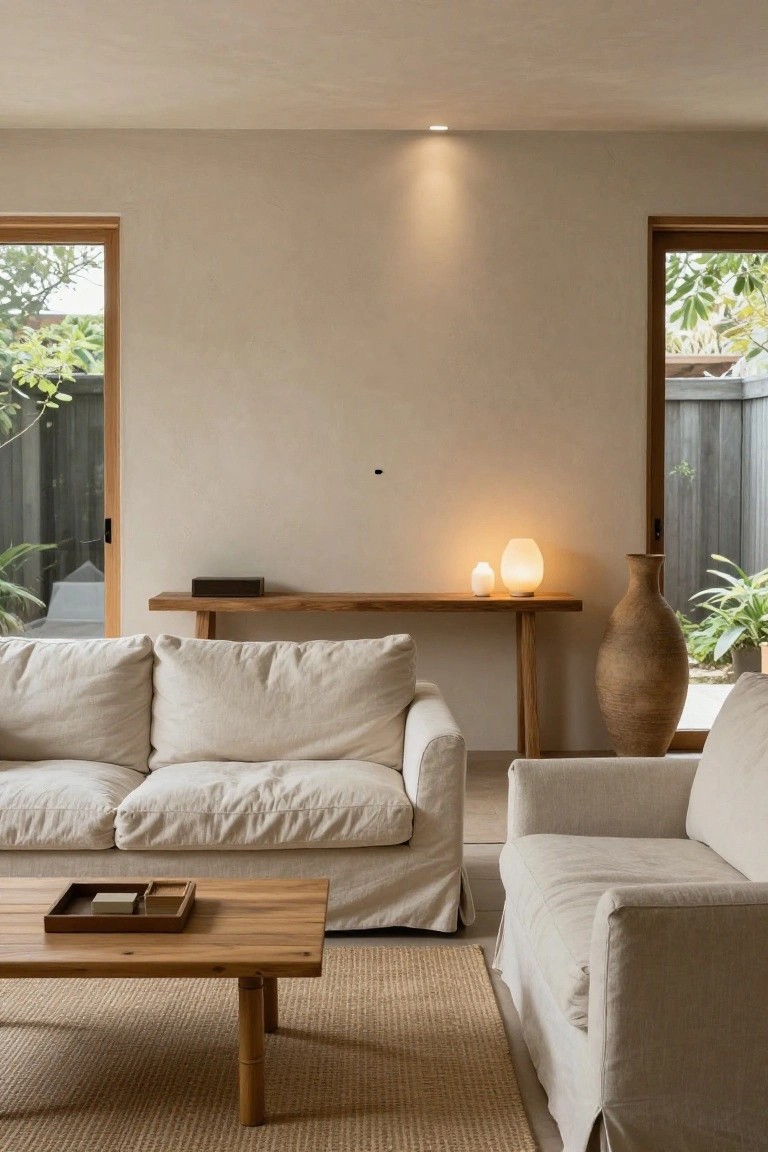 A Japandi living room with beige linen sofas, wooden console table holding two white glass lamps, wooden coffee table on seagrass rug, and sliding wooden doors to greenery.