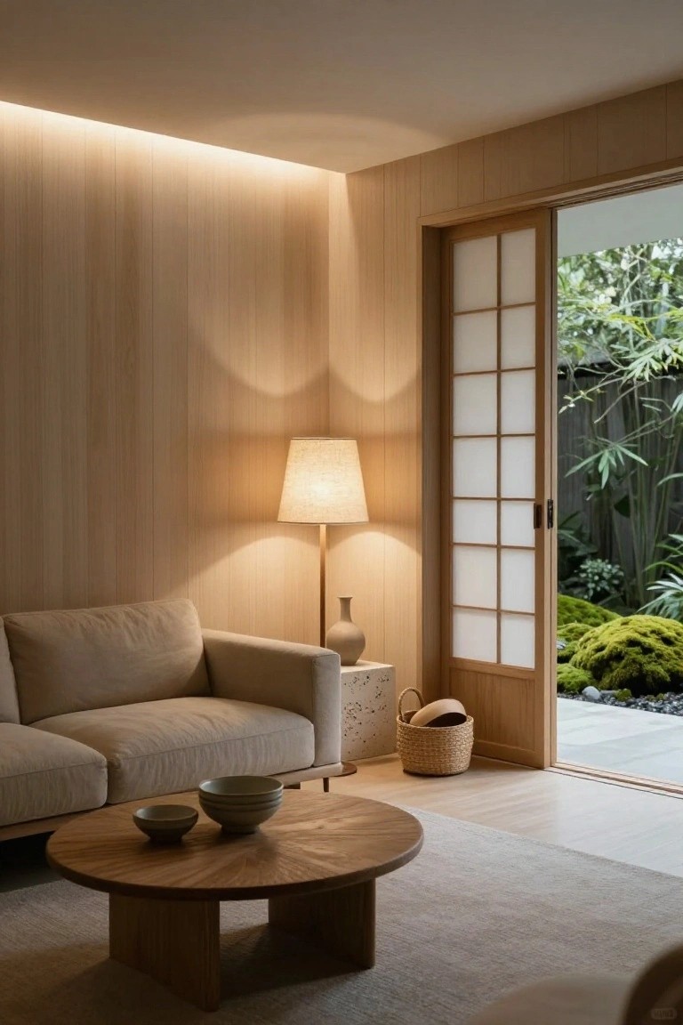 Japandi living room featuring light wood vertical paneling on walls, beige sofa, low wooden coffee table with ceramic bowls, tall floor lamp with fabric shade, and open shoji doors revealing a small garden with moss and rocks.