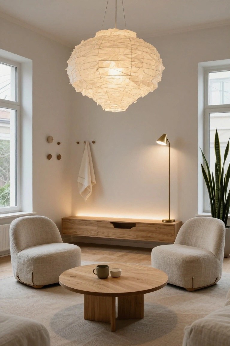 Corner of a bright living room with two rounded cream fabric armchairs around an oak coffee table on light wood floors, large white hanging paper lantern ceiling fixture, gold arched floor lamp, wooden console with LED underlighting, potted snake plant, draped towel on wall hooks, and tall corner windows.