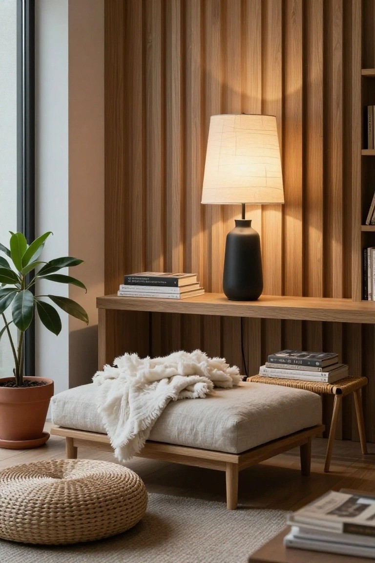 Cozy indoor corner with vertical wood slat wall, oak console shelf holding stacked books and tall black vase lamp with white fabric shade, potted green plant, linen ottoman draped in white throw, low rattan pouf, and beige rug.