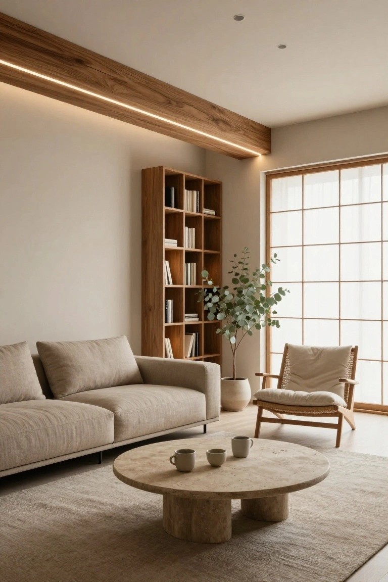 Japandi living room featuring a beige linen sofa, wooden bookshelves filled with books, rattan armchair, travertine pedestal coffee table with ceramic mugs, potted eucalyptus plant, shoji screen windows, and warm LED strip lighting recessed into wooden ceiling beams on beige walls and light wood floor.