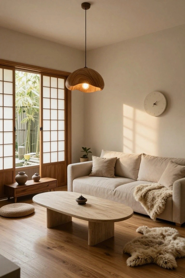 Japandi living room interior with light beige walls, wooden shoji sliding doors to a garden, cream fabric sofa with pillows and throw, low oval wooden coffee table with incense burner, woven floor cushion, sheepskin rug, wall clock, potted plant, wooden sideboard with ceramics, and a curved wooden pendant lamp hanging centrally.